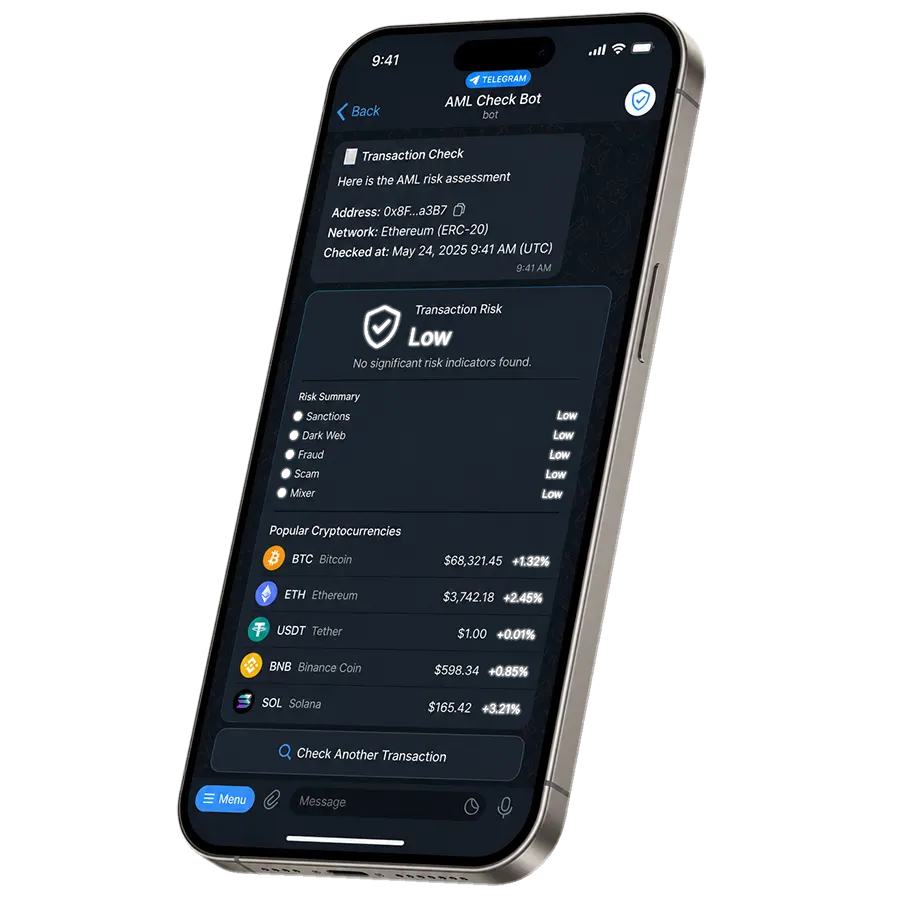 Скриншот бота AML TELEGRAM BOT